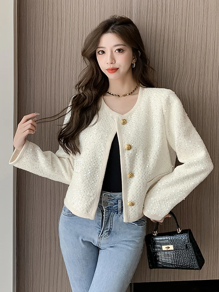 

High Quality Autumn French High End Women's Glod Button Fashion Shiny Tweed Woolen Small Fragrance Coat Chic Jacket Outwear