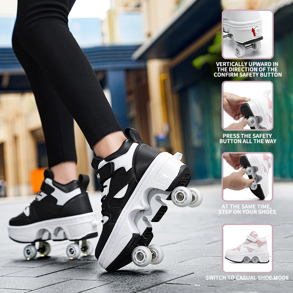 Women's High Top 4 Wheel Speed Roller Shoes Unisex Automatic Pop-up Sneakers With Wheels Dual-purpose Skating Casual Shoes