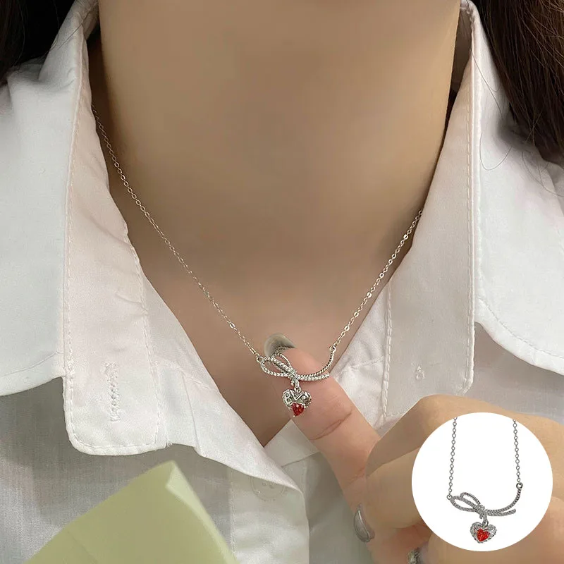 

100% 925 Sterling Silver Zircon Love Heart Necklace for Women Girl Fashion Bowknot Design Jewelry Party Gift Dropshipping