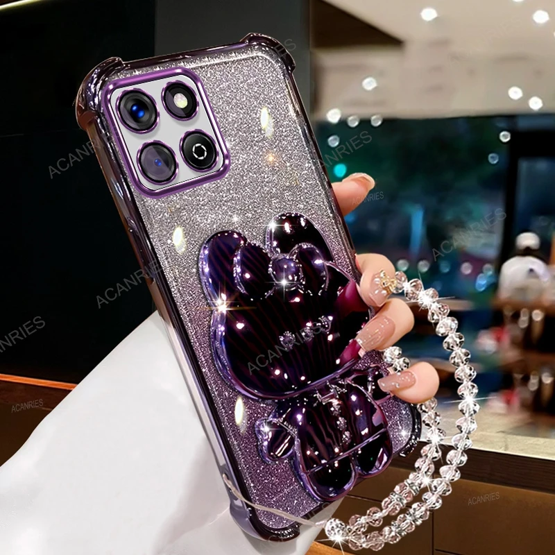 Plating Anti-fall Silicone Case with Mirror Rabbit Stand and Clear Bead Chain