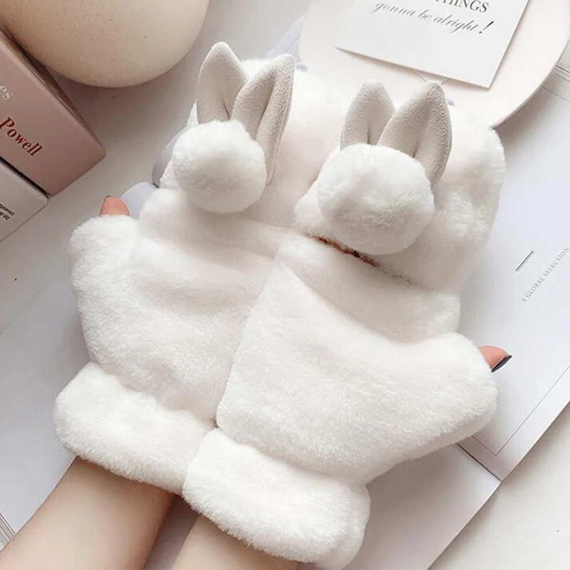 

Ladies Winter Plush Gloves Cute Cartoon Students Moe Rabbit Flip Open Finger Gloves Plus Velvet Warm Outdoor Cycling Gloves