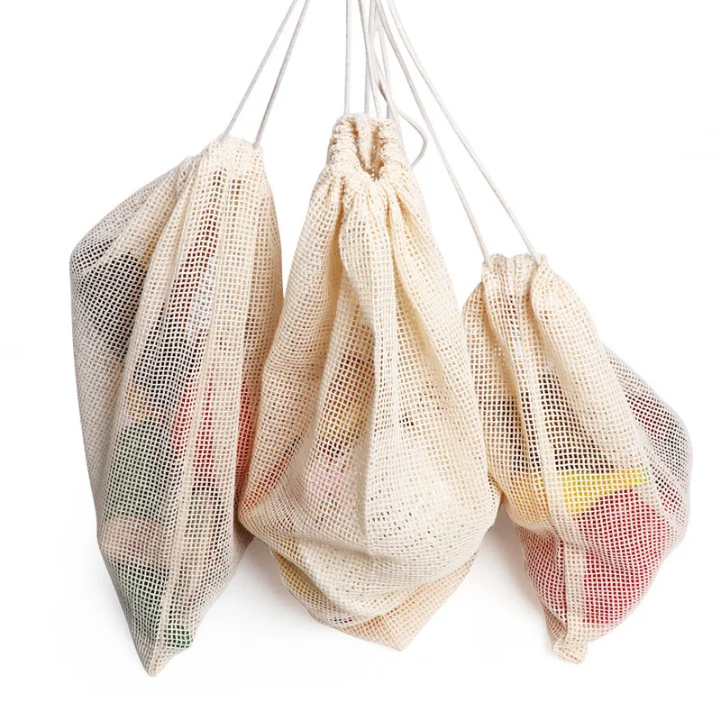 Reusable Cotton Mesh Produce Storage Bags with Drawstring for Fruits and Vegetables