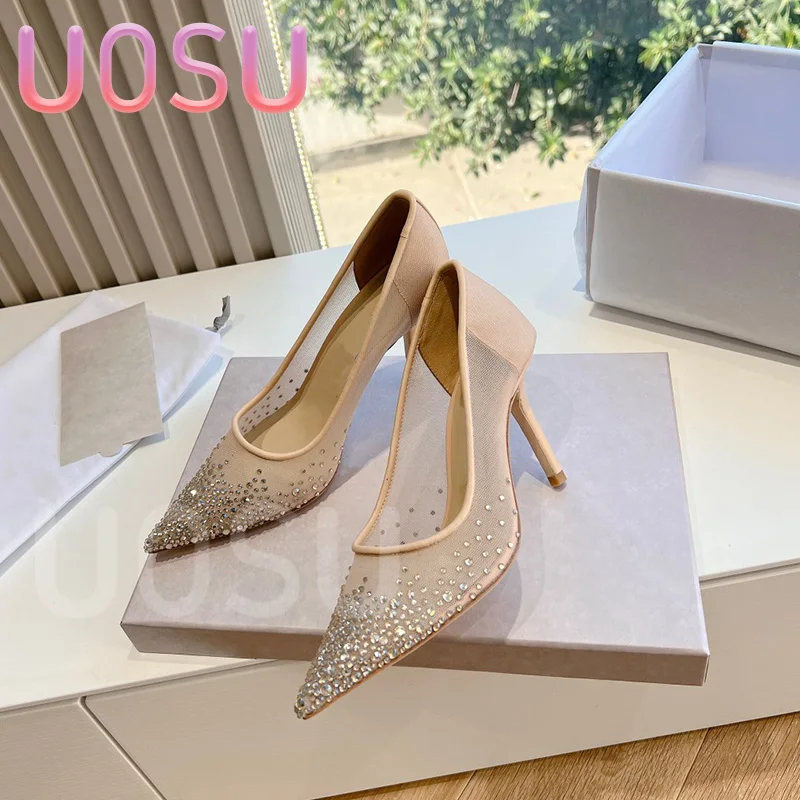 New Spring and Summer Women High Heels Designer Mesh Luxury Full Crystal Pointed Toe Shoes High Medium Heel Flat Dress Shoes