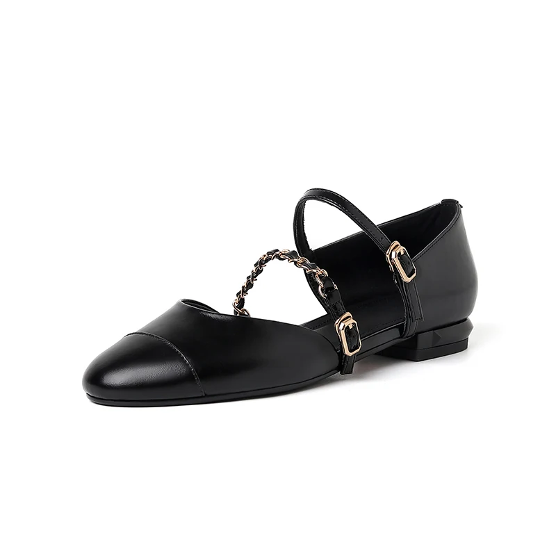 New Brand Design Metal Belt Buckle Single Shoes Round Head Splicing French Hollow Sandals Casual Flat Shoes Women's Sneakers
