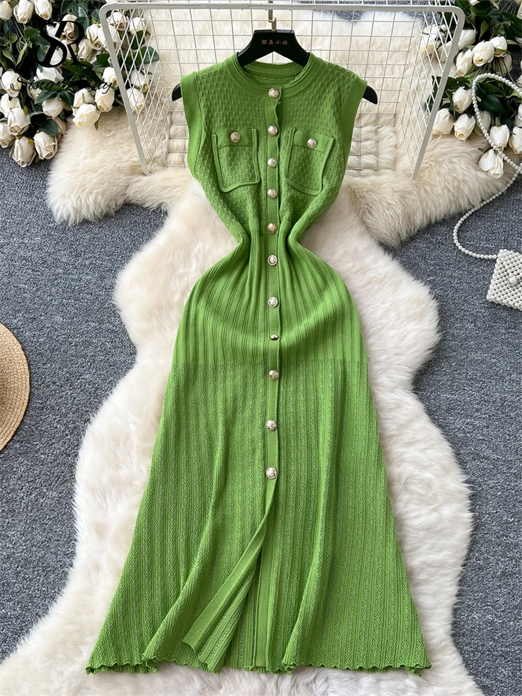 SINGREINY Senior Office Lady Dress O Neck Sleeveless Single Breasted Chic Elastic Waist Slim Sundress High Quality Knitted Dress 2