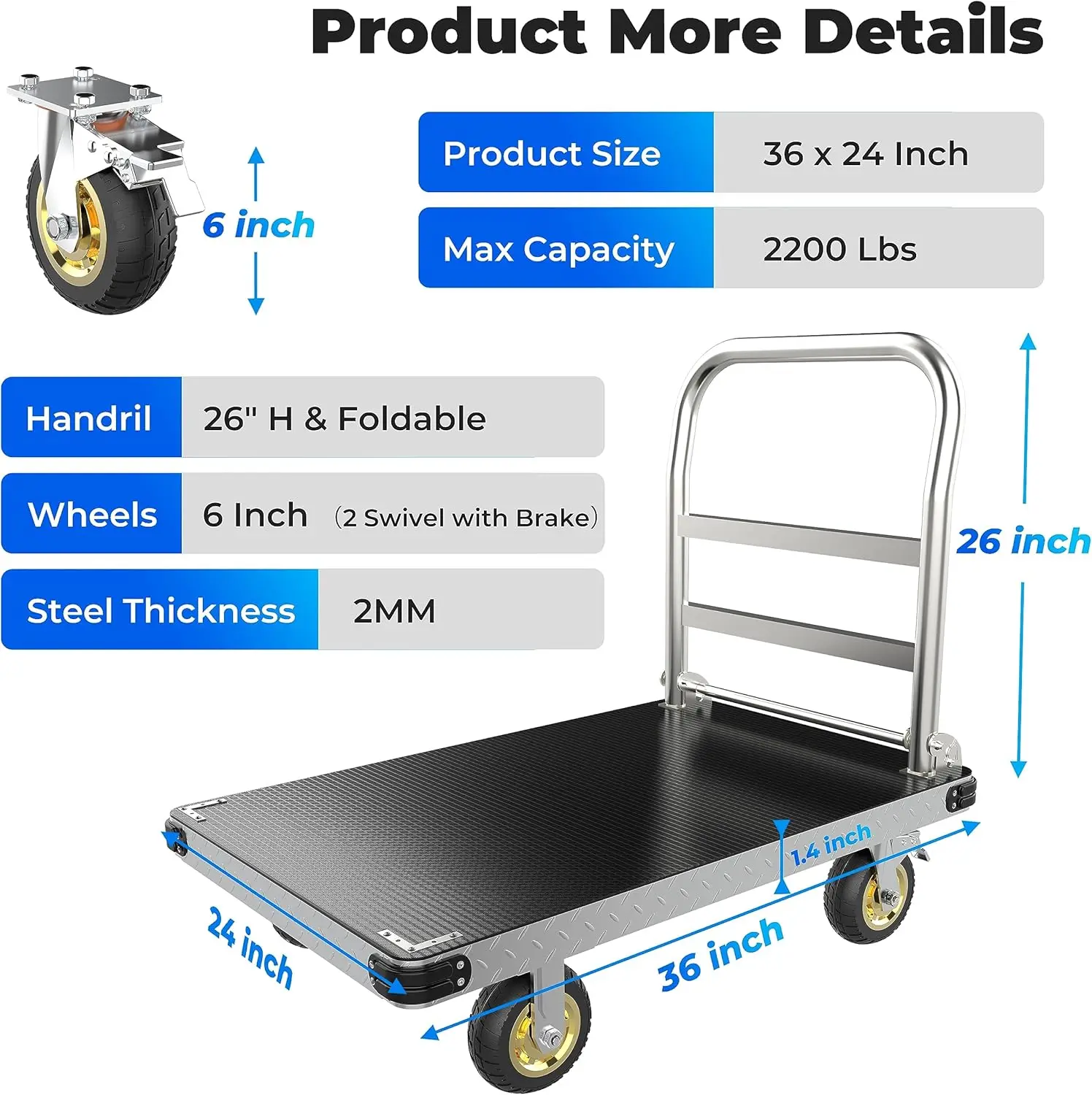 Platform Truck 2200 LBS Capacity Heavy Duty Cart with Reinforced Bottom Support, 2MM Thicked Steel Flat Cart Swivel Brake