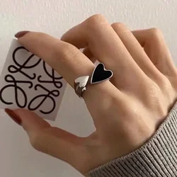 Elegant Silver Irregular Geometric Open Ring - Vintage Fashion Jewelry Gift (Black Heart)