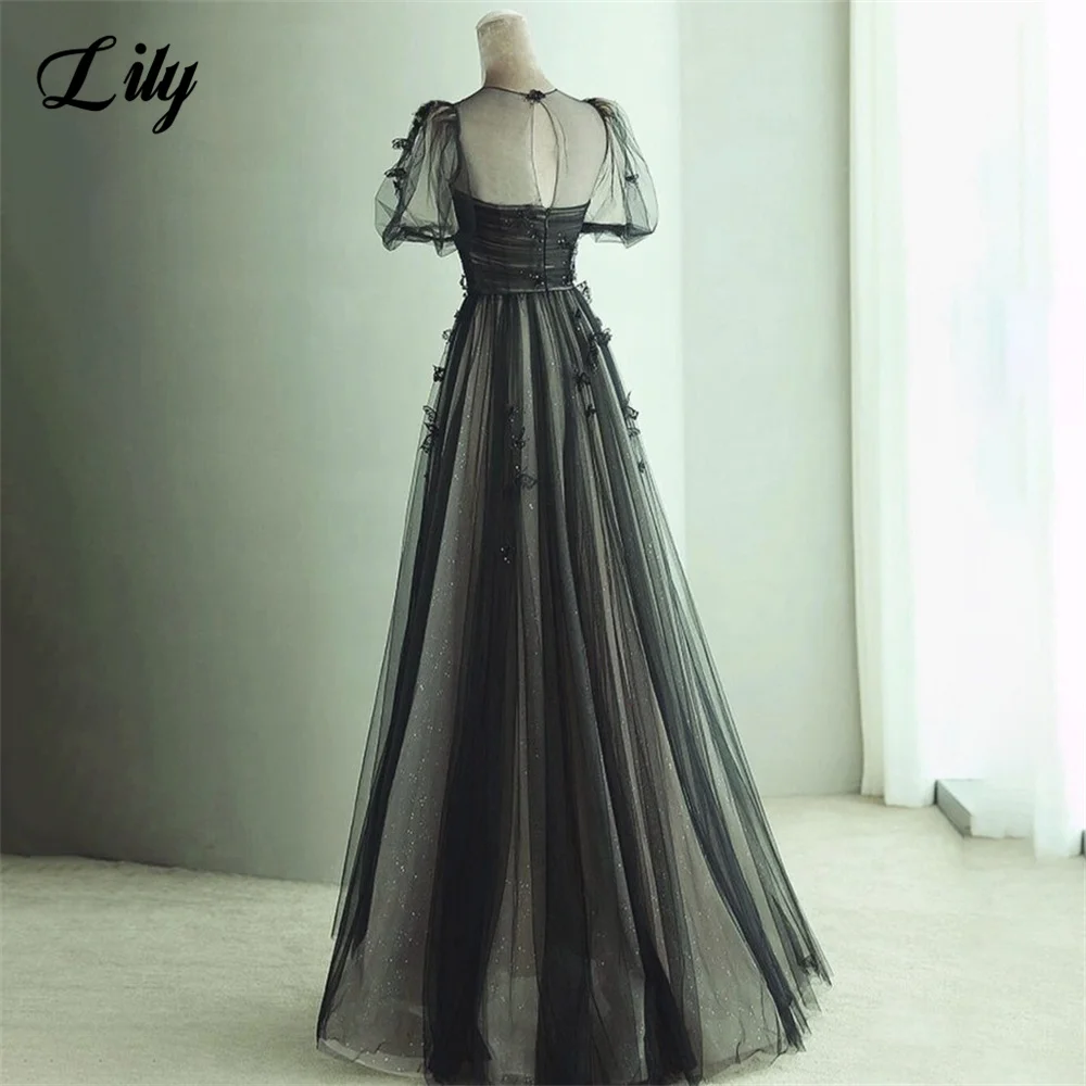 Party Dresses Lily Black O-Neck Long Appliques Pleat Beach Vintage Night Dress Short Sleeves Net Celebrity Dresses Customized