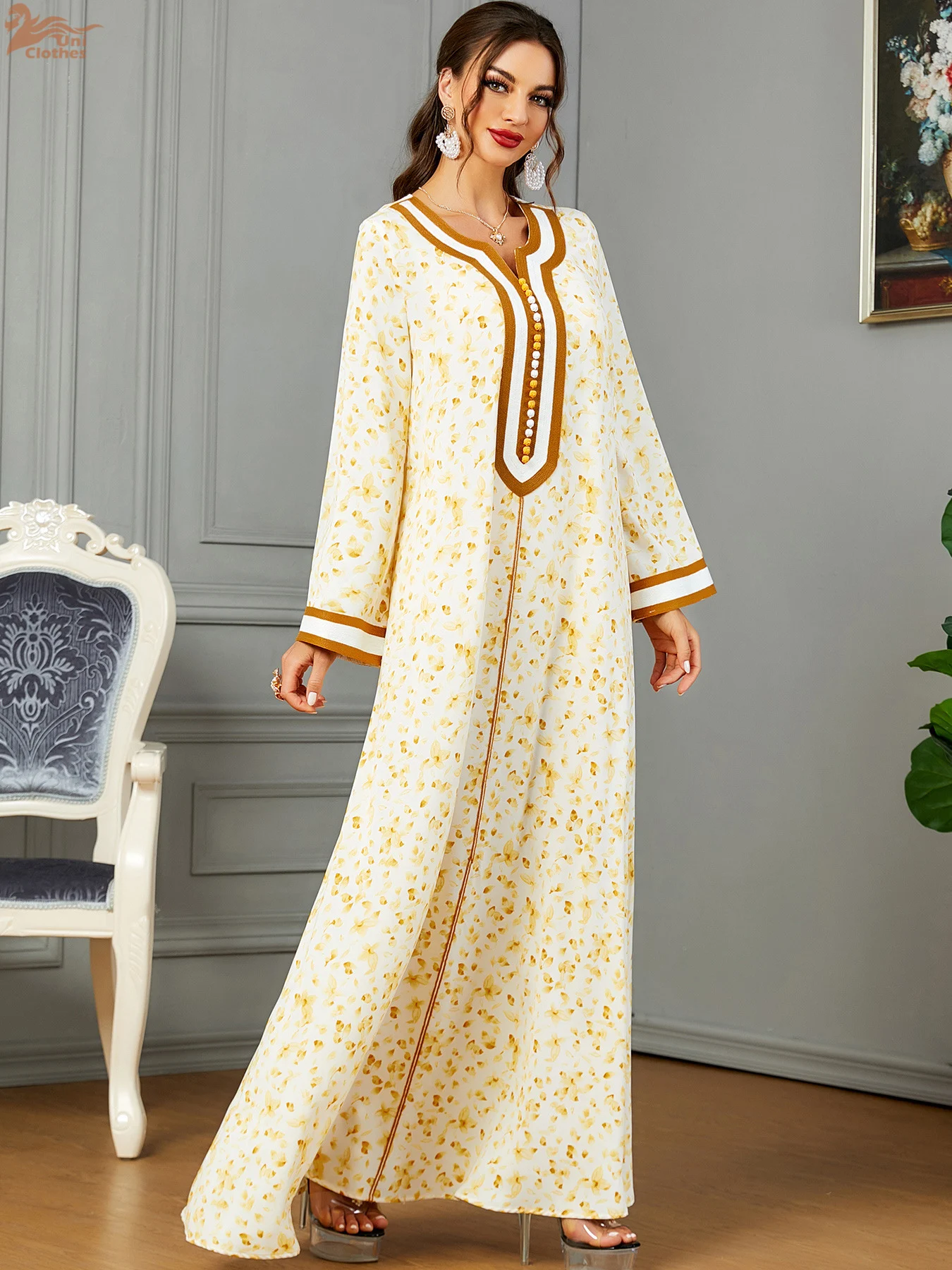 Uni Fashion Arabic Robe Jalabiya Notched V-Neck Floral Dress For Muslim Woman Dubai Moroccan Elegant Casual Loose Abayas - Image 2