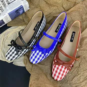 High Quality Checkered Design Mary Jane Shoes Women Inner Height Increase Flat Ballet Shoes Comfortable Soft Bottom Casual Shoes
