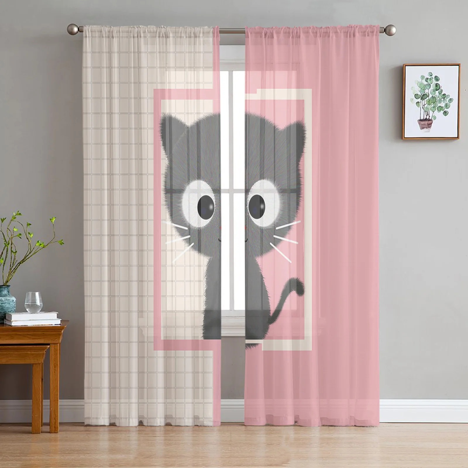 

Cartoon Pink Cat Cute Window Curtains Living Room Tulle Curtains Kitchen Decor Kids Room Curtain Window Treatment
