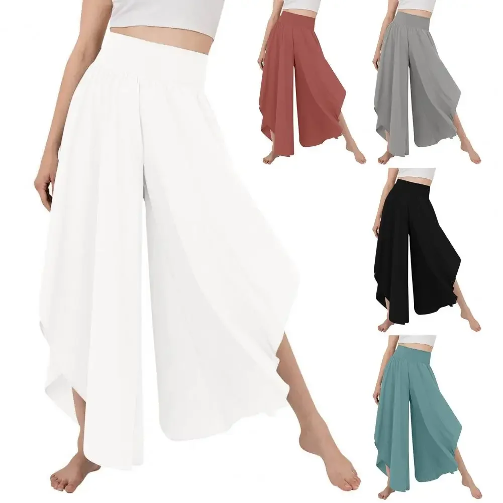 Women Culottes Skirt Pants High Elastic Waist Loose Irregular Hem Ankle Length Solid Color Soft Breathable Female Trousers