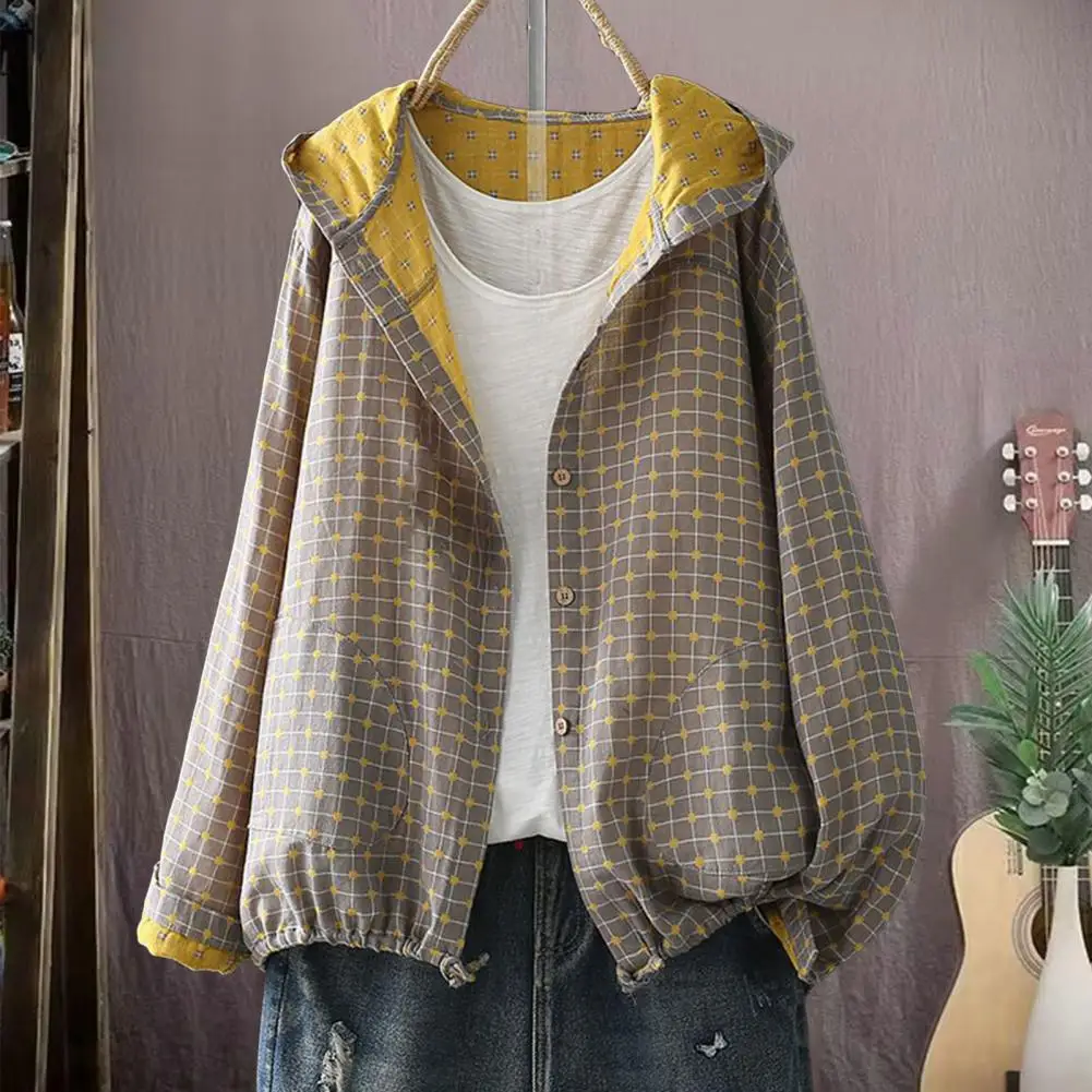 Women Cotton Jacket Women Jacket Stylish Hooded Spring Jacket with Drawstring Hem Zipper Closure for Women Outerwear for Wear - 4