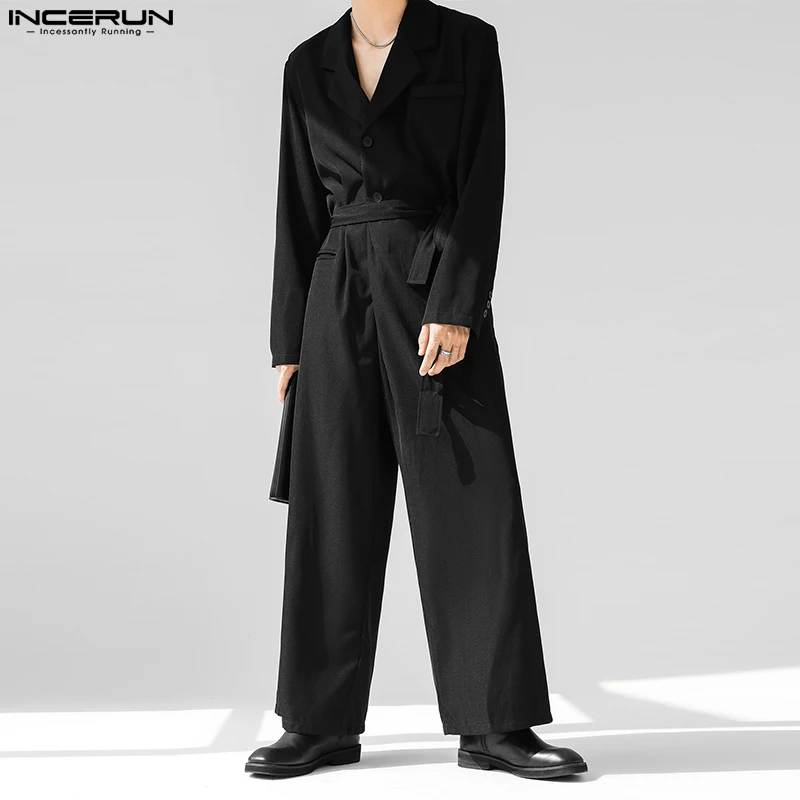 Men Jumpsuits Solid Color Lapel Long Sleeve Streetwear Korean Style Rompers Loose Casual Overalls S-5XL