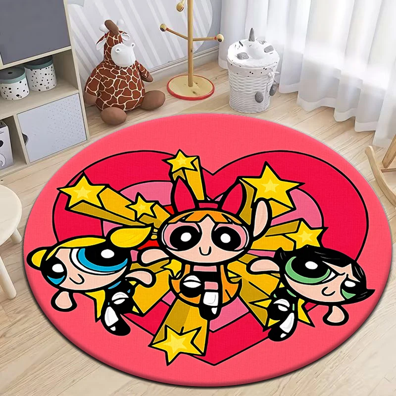 The Powerpuff Girls HD Printed Round Carpet for Living Room Rugs Camping Picnic Mats Flannel Anti-Slip Rug Yoga Mat Gifts area