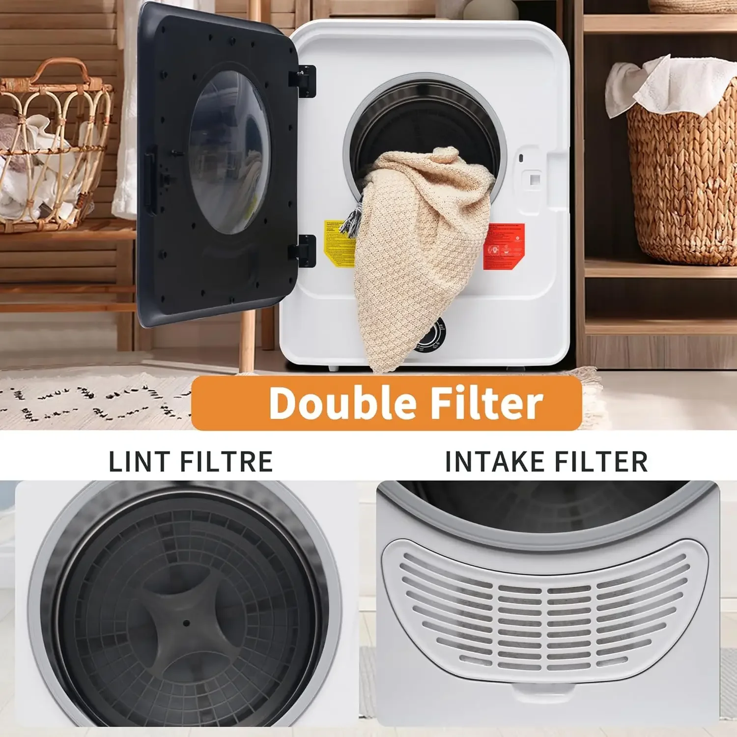 Compact Laundry Dryer, 2.6 cu ft Front Load Stainless Steel Clothes Dryers with Exhaust Pipe, 1400W, Control Panel Four-F 4