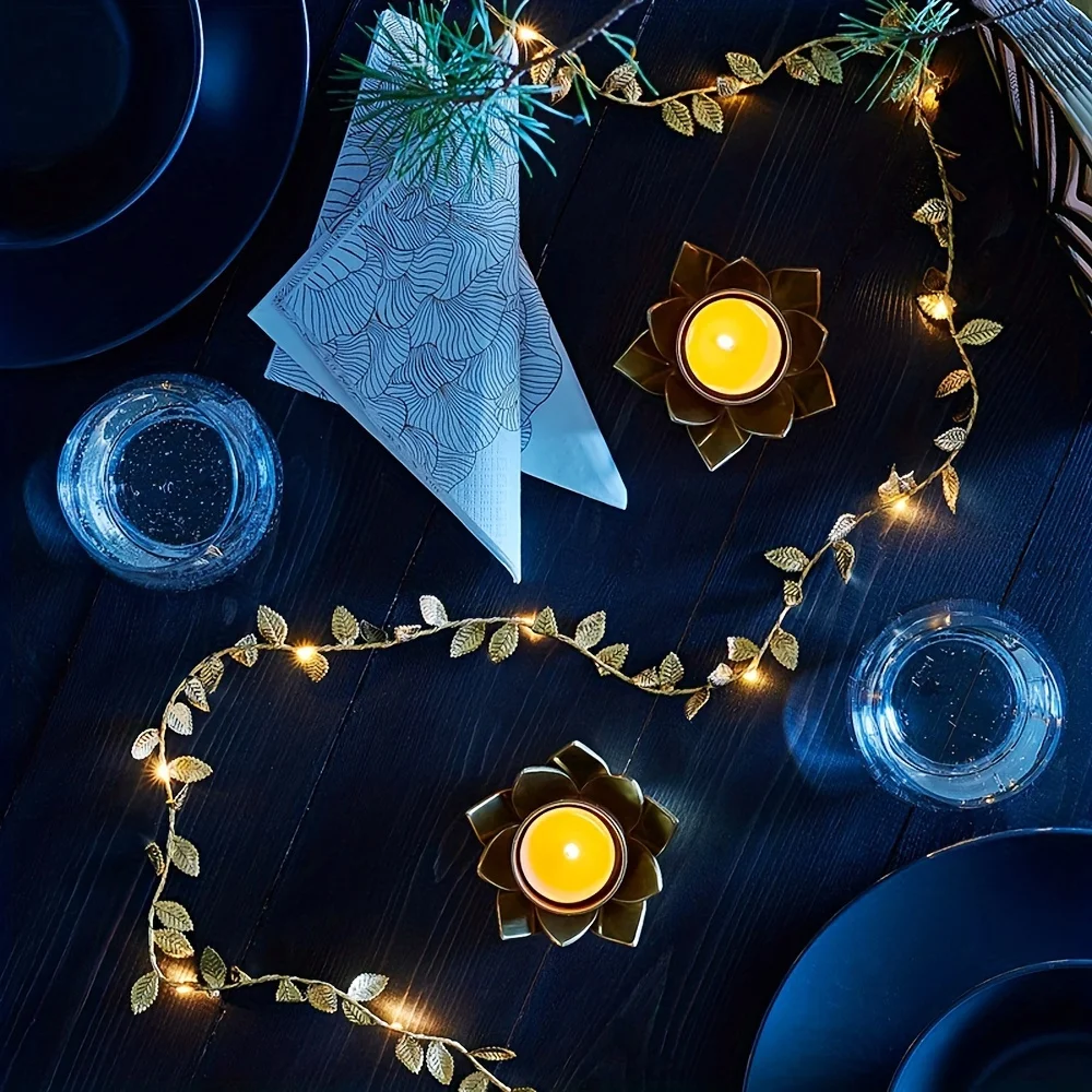1Pcs 5M 50LED Golden Tiny Leaves Fairy Light Battery Powerd Led Copper Wire String Lights For Wedding Home Party DIY Xmas Decor