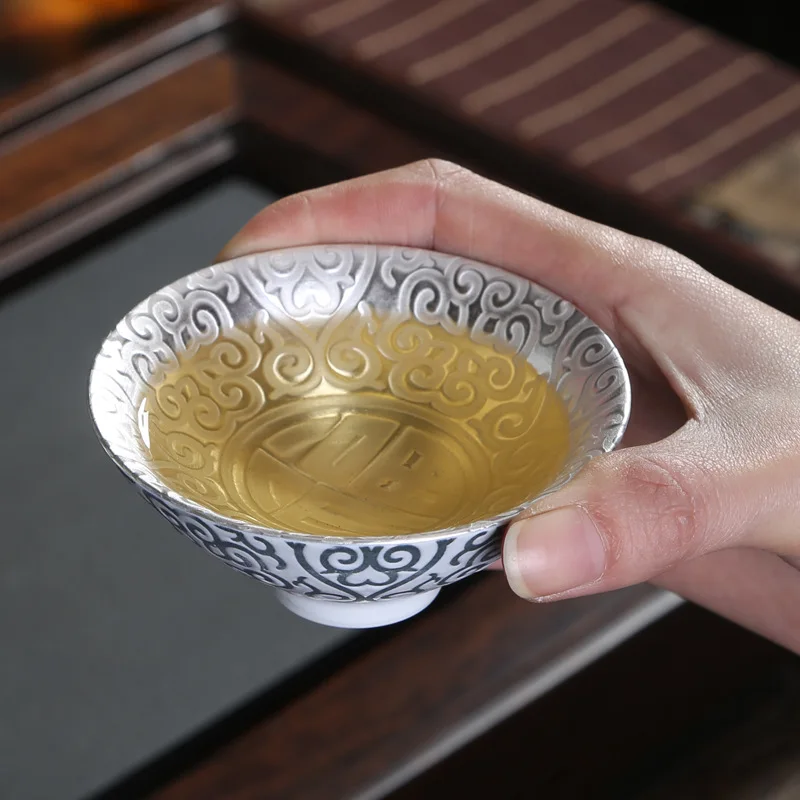 

999 sterling silver tea cup blue-and-white porcelain master cups 80ml handmade kungfu teacups for Pu'er green oolong dark tea