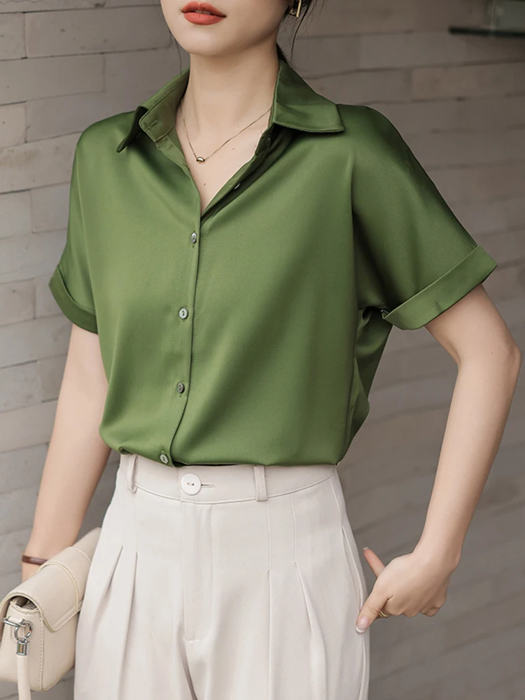 2025 Summer Satin Silky Green Shirts Women Short Sleeve Blouse