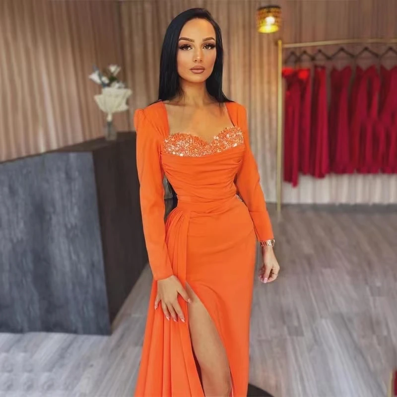 

Женское вечернее платье-русалка, оранжевое элегантное платье оранжевого цвета с длинным рукавом, бусинами и Боковым Разрезом, платье для выпускного вечера, 2024