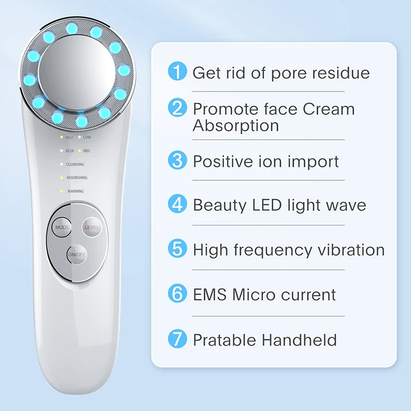 Neck Face Massager Electrotherapy Skin Care Tool Skin Care Device 7 in 1 Face Lifting Machine EMS Micro Current Galvanic Facial Massager Face Tightening Red Blue Light
