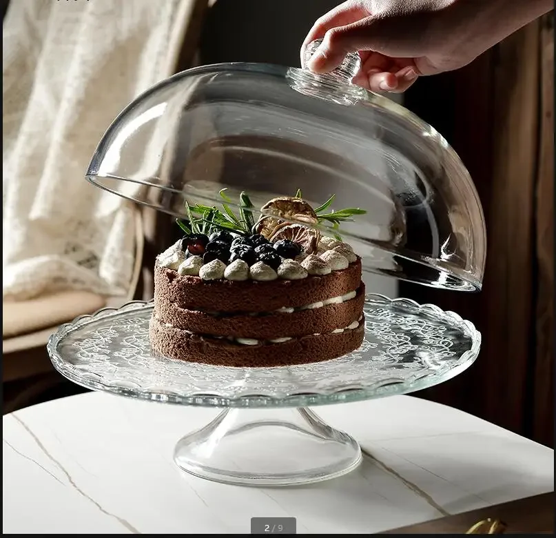 Transparent Glass Cake Pan Tall Feet Cake Stand Glass Cover Bread Pan Dessert Plate Decorative Display Stand Fruit Snack Tray