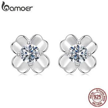BAMOER 0.1CT Clover Moissanite Stud Earrings Flower Leaf Earrings VVS1 Lab Created Diamond Original For Women Fine Jewelry Gift