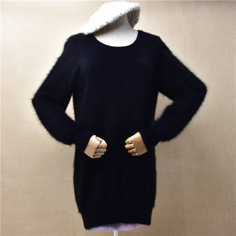 

Женская осенне-зимняя одежда, черные пушистые шерстяные вязаные облегающие блузки из ангоры с круглым вырезом и длинными рукавами, пуловер, платье-свитер