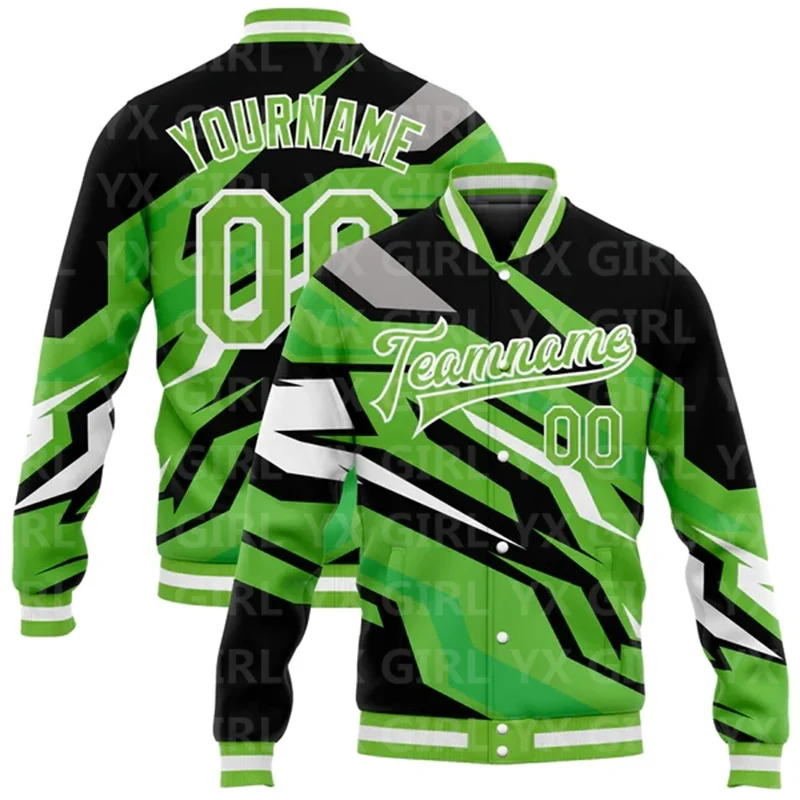 Custom Neon Green Neon Green Black-Gray 3D Pattern Design Bomber Full-Snap Varsity Letterman Jacket Baseball Button Jacket