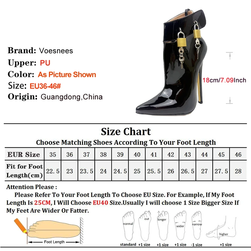 Glossy PU Leather Pointed Short Ballet Boots Women 18CM Lockable Padlocks Fashion Fetish Shoes Plus Size 36-46 Sexy Ankle Boots