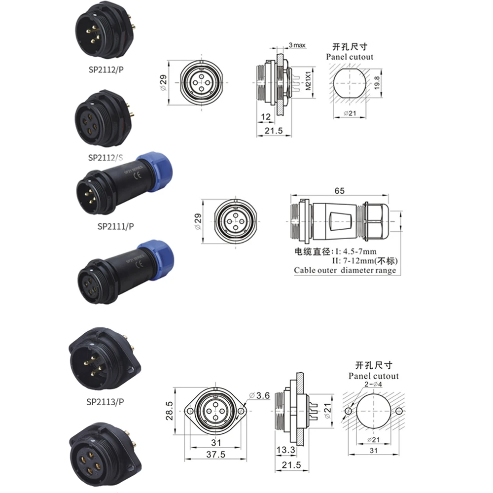 conector de montagem em painel conectores masculinos e femininos, ip68