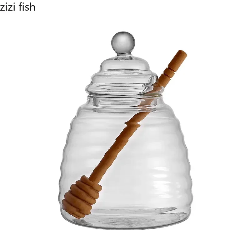 Honey Storage Container Glass Jar with Lid Transparent Jam Jar Creative Striped Glass Bottle Home Kitchen with Mixing Rod