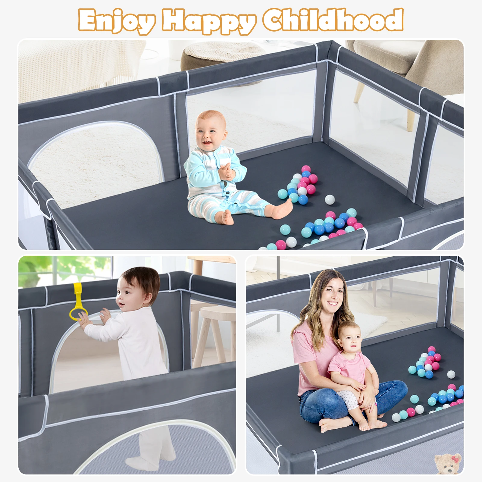 Extra Large Baby Playpen Safety Baby Play Yard w/50 Ocean Balls & 4 Handles 4