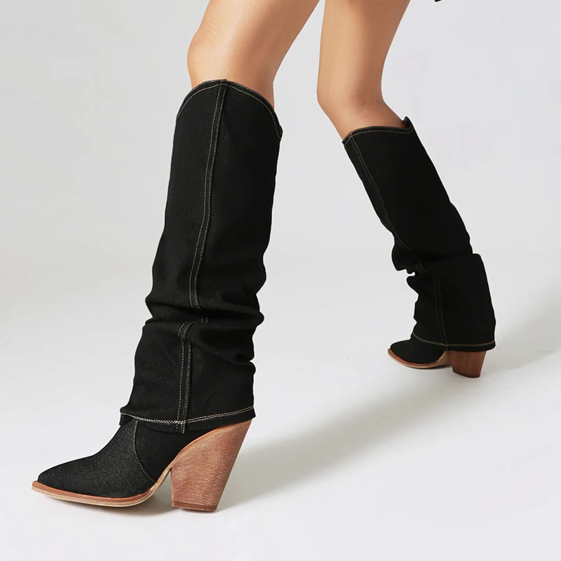 Kcenid Autumn Winter New Women Boots Slip On Knee High Boots Cone Heels Pleated Fashion High Heels Design Knight Shoes Blue