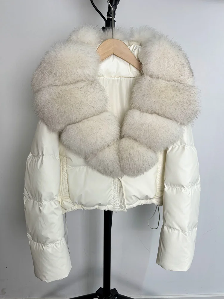 Janveny Large Natural Fox Fur Collar 90% White Duck Down Jacket Women Winter Short Waterproof PU Puffer Coat Female Thick Parkas 6