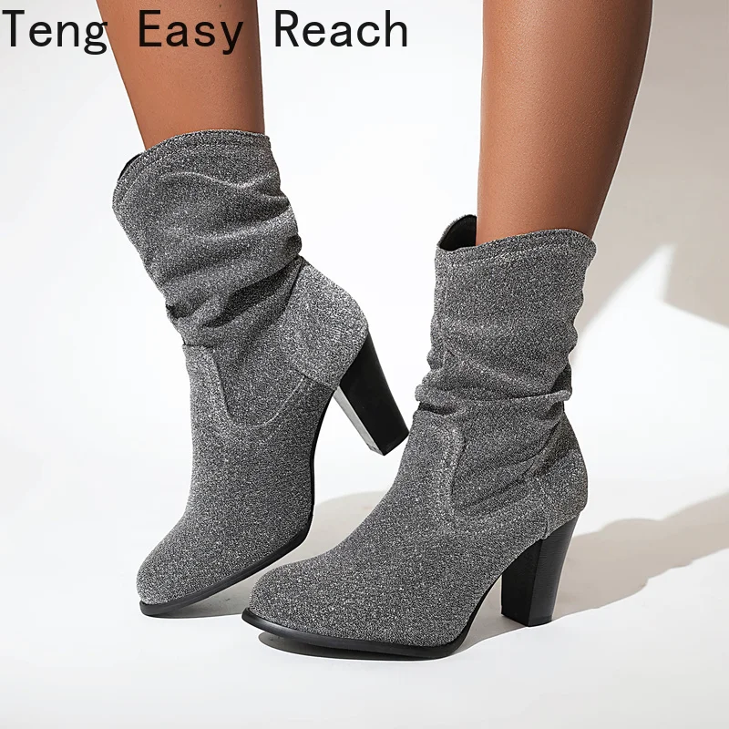 

Plus Size 35-48 New Ladies Solid Sock Boots Fashion Chunky High Heels Ankle Boots Women 2022 Party Office Shoes Woman