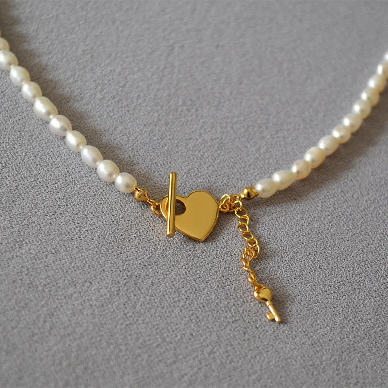 Freshwater Pearl Love Heart & Key Charm OT Clasp Simple Design Women Necklace