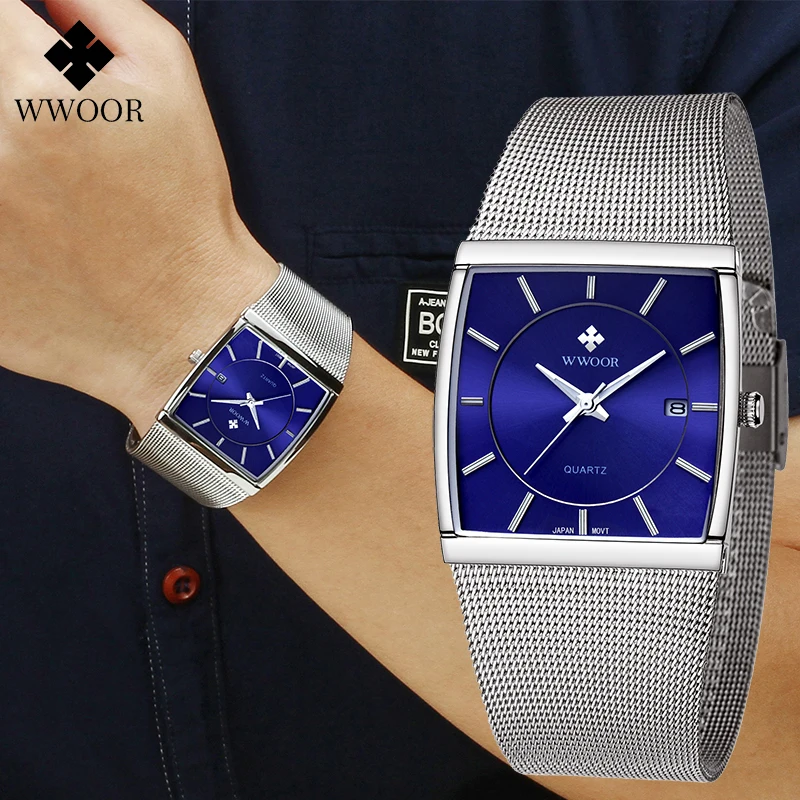 WWOOR 2023 Fashion Men Watch Full Steel Mesh Belt Waterproof Men Clock Luxury Watch For Men Quartz Sport Wristwatch Reloj Hombre