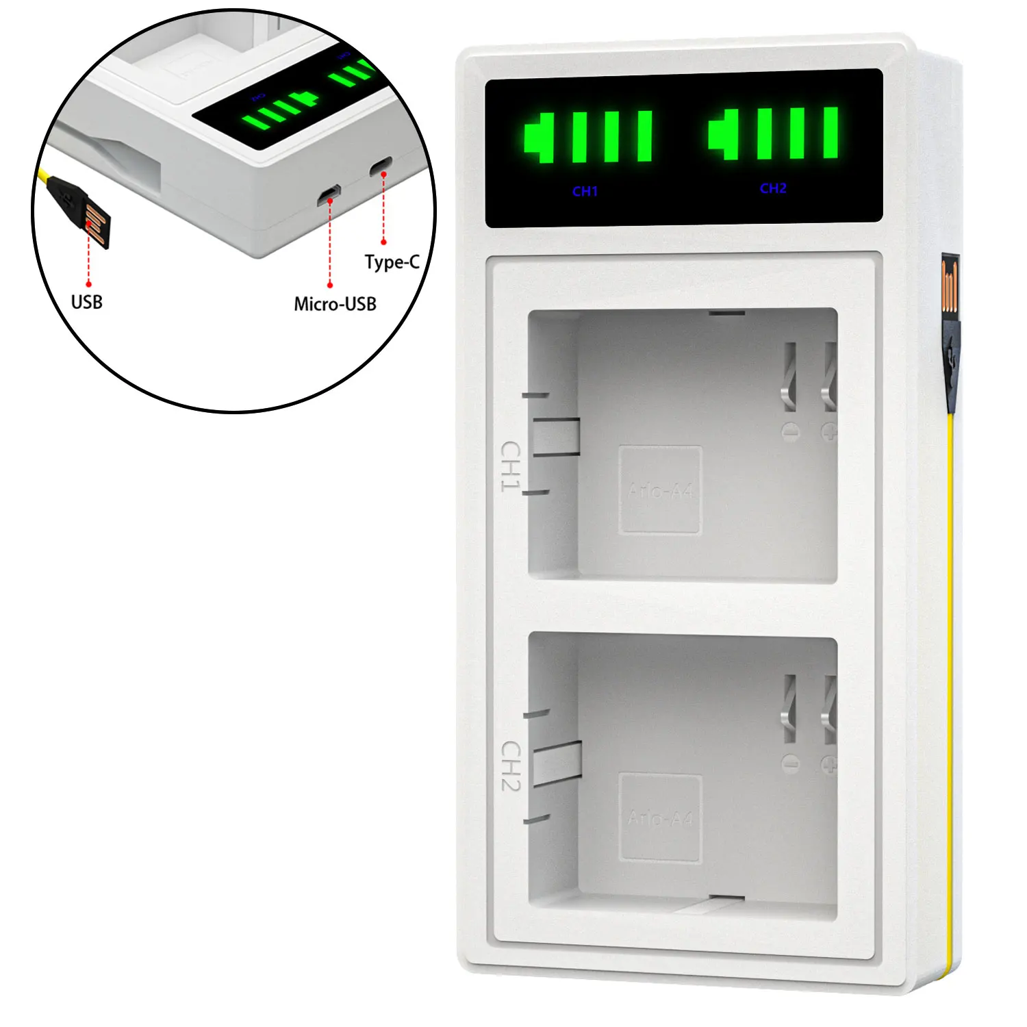 Pickle Power Led Caricatore Doppio Usb Con Cavo Incorporato Per Arlo A4 Arlo Pro 3 / Arlo Pro 4 Batteria Per Fotocamera