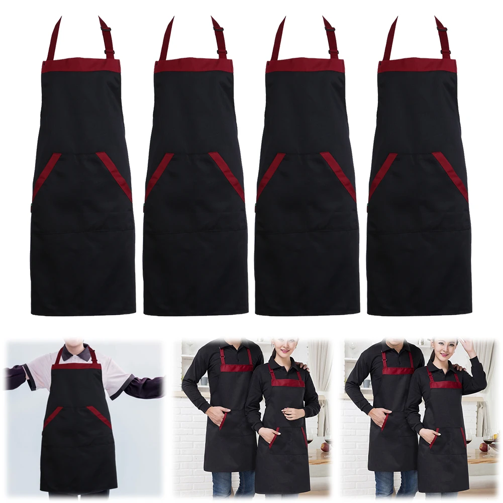 4Pcs Cooking Apron with 2 Pockets Restaurant Apron Black Red Kitchen Bib Food Service Apron for Hotel Restaurant Kitchen