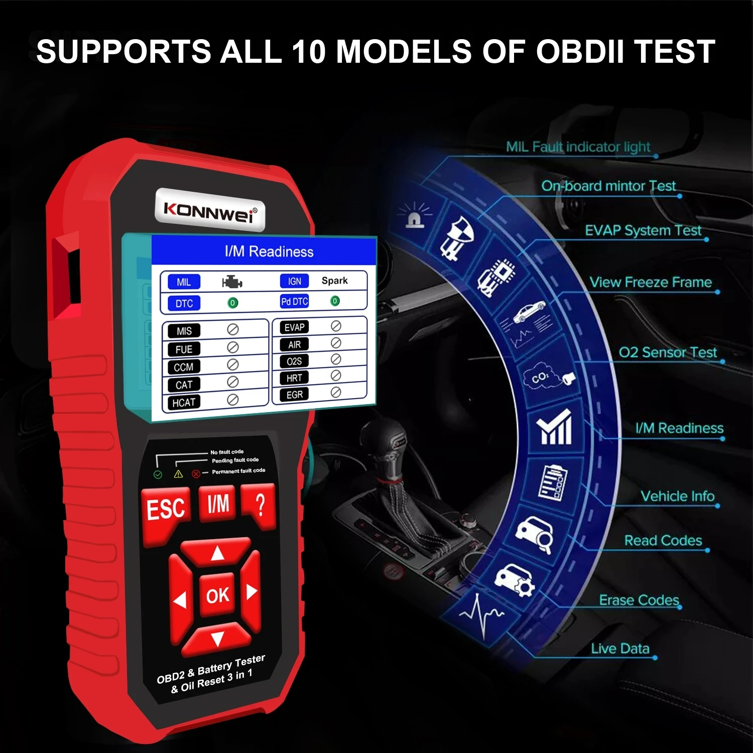 Konnwei Kw890 12V Obdii Diagnostic Fault Scanner Tester Per Batterie Per Auto E Ripristino Della Luce Del Servizio Dell'Olio 3 In 1 Strumento Per Scan