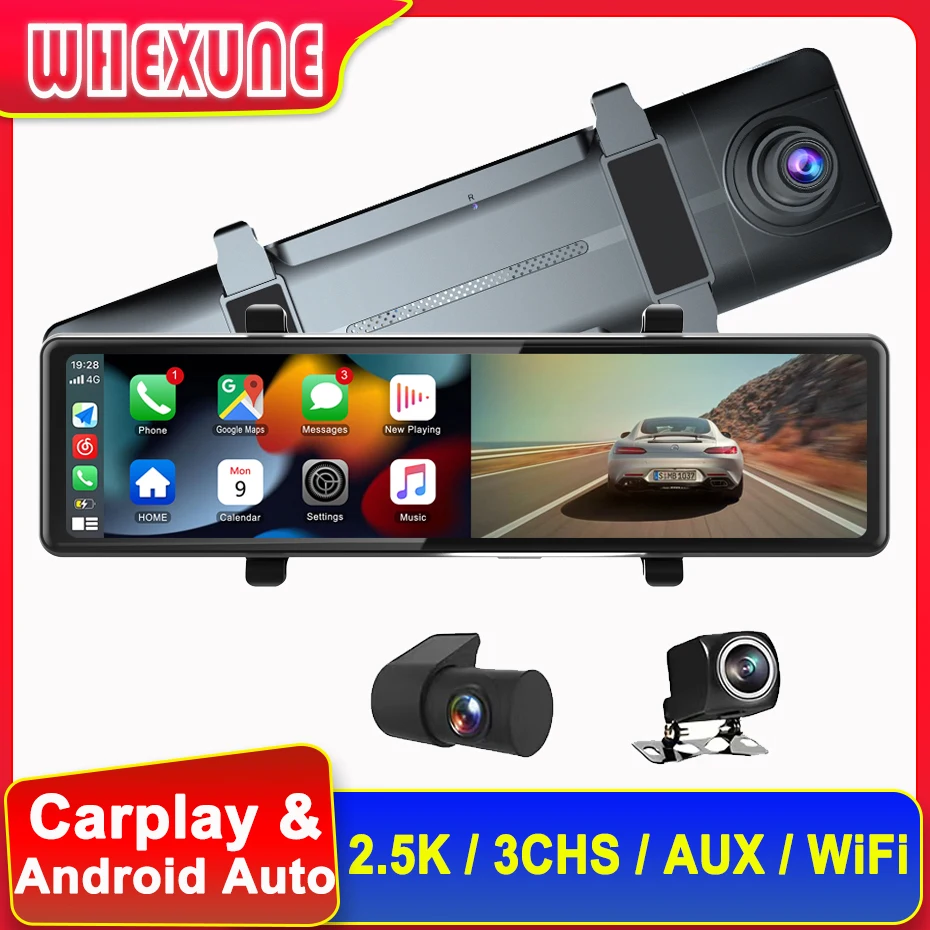 3 Chs Dash Cam Car Mirror Carplay E Android Auto Wireless Miracast Fhd 1440P Videoregistratore Connessione Wifi Navigazione Gps Dvr