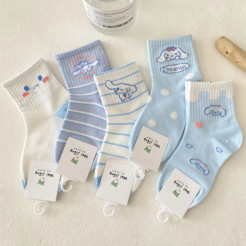 

5pcs Childrens Sanrios Anime Kawaii Cinnamoroll Mid Autumn Winter Cartoon Strawberry Bear Combed Cotton Cute Comfortable Socks