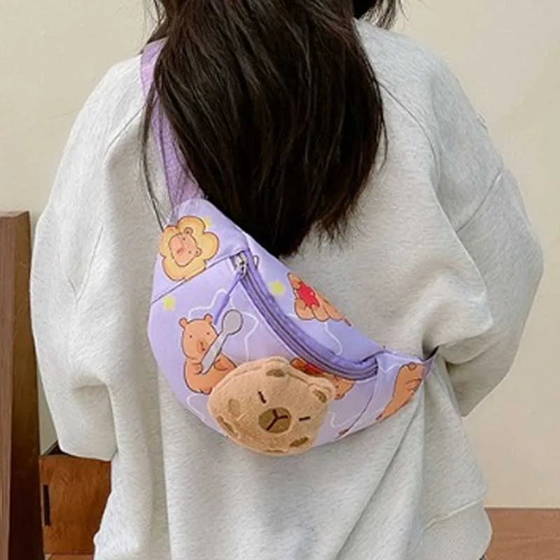 Cartoon Capybara Children's Chest Bag with Plush Doll Simple Shoulder Bag Adjustable Shoulder Strap Large Capacity Waist Bag