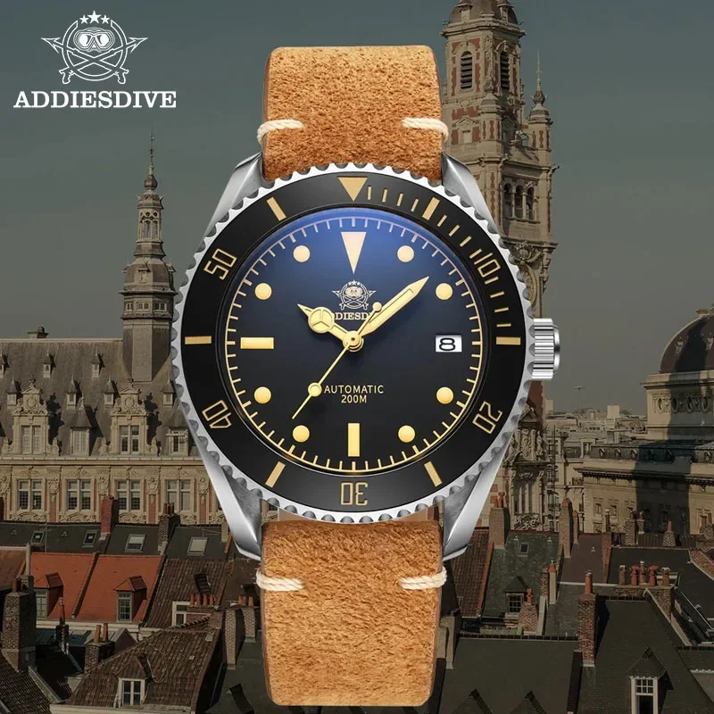 

Мужские автоматические часы ADDIESDIVE NH35, винтажные механические часы с сапфировым стеклом и кожаным ремешком для дайвинга на 200 м, Супер Светящиеся Наручные часы