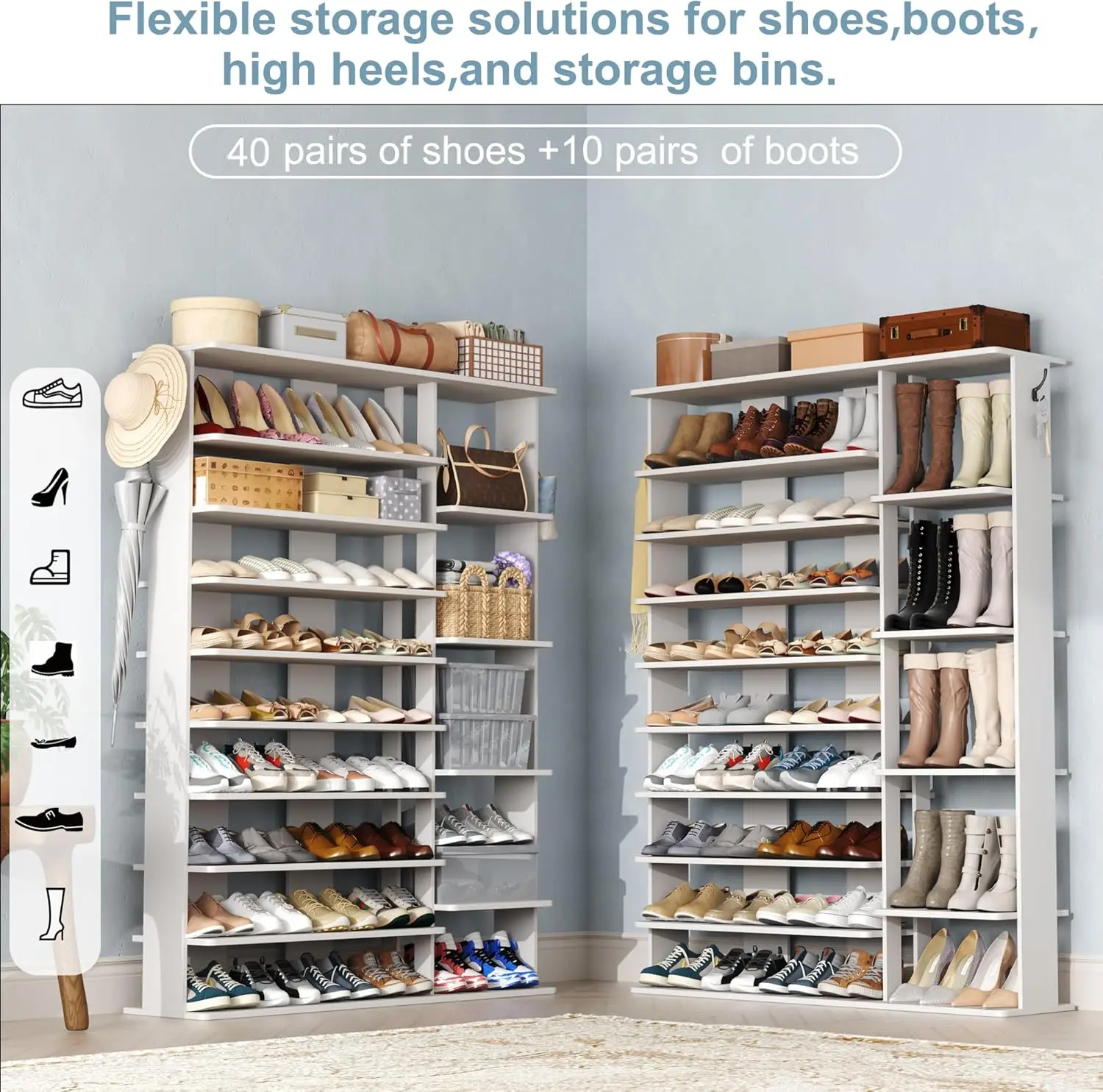 10 Tiers Shoe Rack, 50 Pairs Large  Shelf, 61.8" Tall  Tower, Freestanding Rack Organizer with Open Shelves