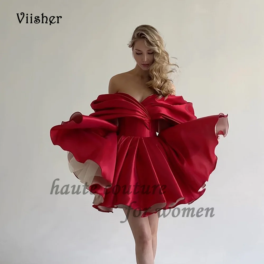 

Женское Короткое атласное платье Viisher, красное шелковое плиссированное платье с открытыми плечами, ТРАПЕЦИЕВИДНОЕ формальное платье выше колена, со шнуровкой сзади