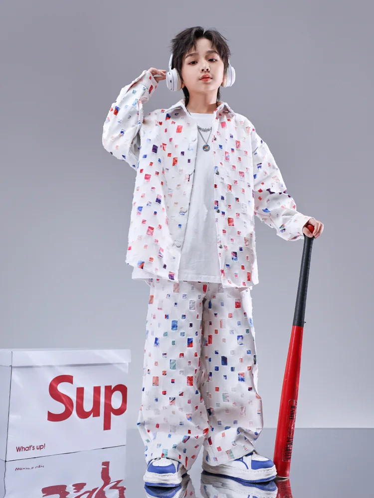 Kids Kpop Hip Hop Clothing Starry Sky Print with Hole Suit Streetwear Top Cargo Pants for Girls Boys Jazz Dance Costume Clothes