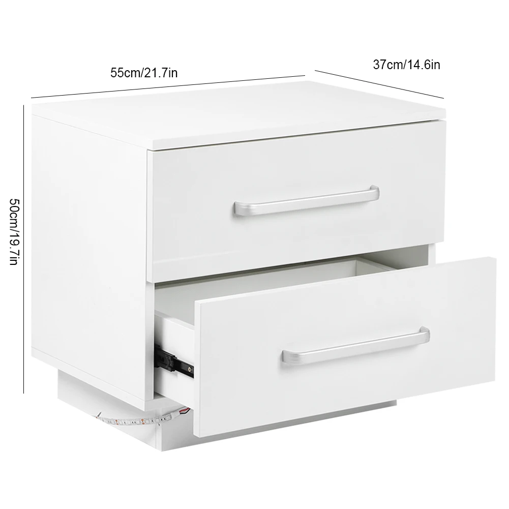 Modern Bedside Cabinet with LED Blue Light High Gloss Front Panel Nightstand with 2 Drawers for Home Bedroom Dining Room