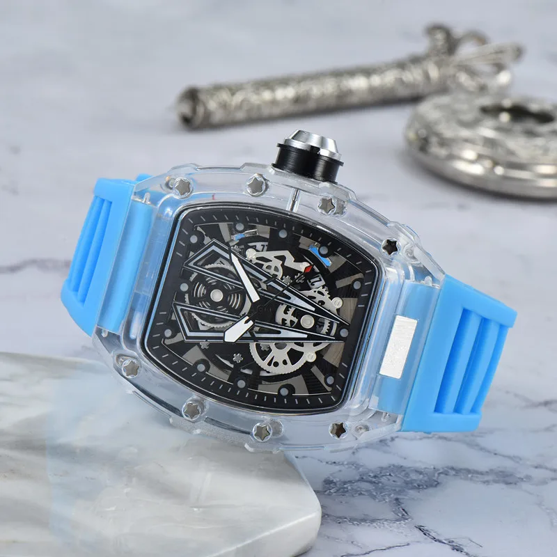 transparent 3-pin Luxury men's high quality diamond quartz watch hollow glass back stainless steel case watch black rubber 